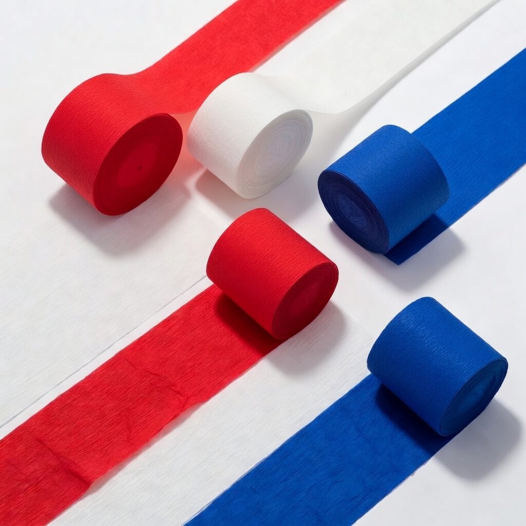 Red, white and blue crepe paper ribbon, 5-pack, 410 feet long, includes red, white and blue crepe paper ribbon, suitable for American-themed parties such as Independence Day, July 4th, Memorial Day, etc. Vatoyum Balloons