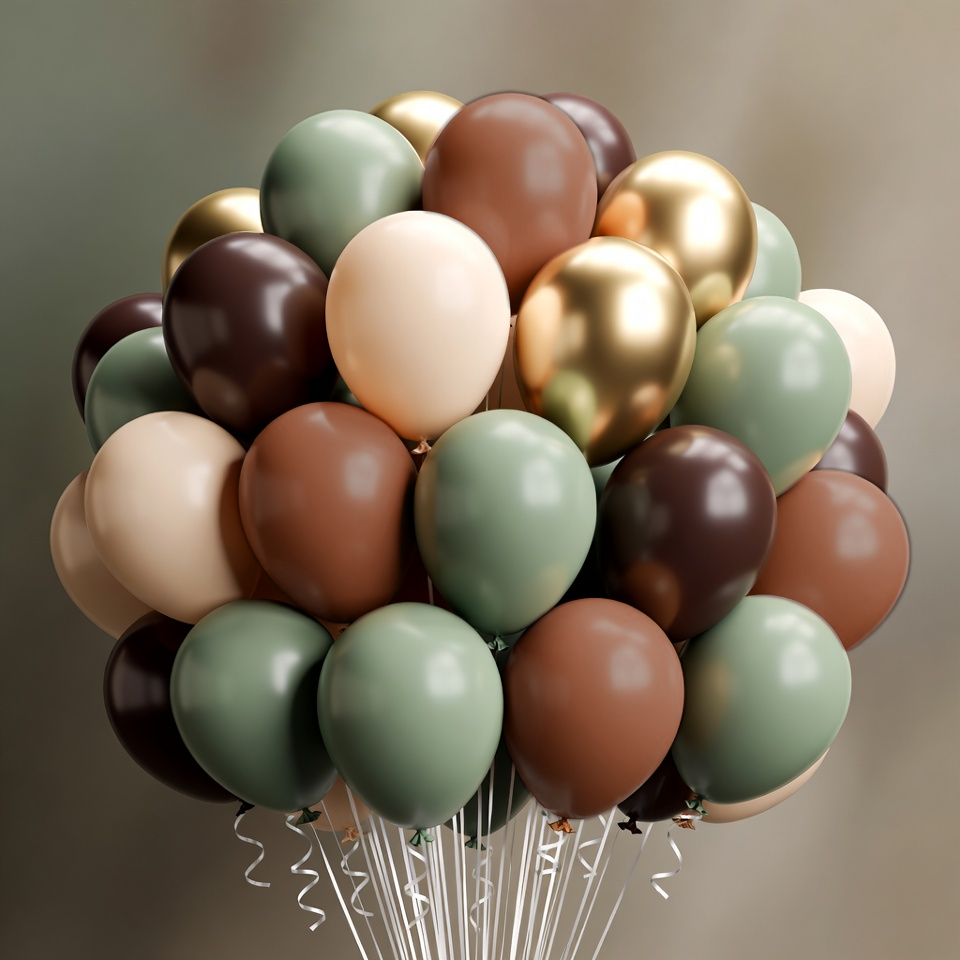 60 PCS Sage Green, Gold, Brown Latex Balloons - Woodland Camo Army Olive Green, Dark Brown, Coffee Nude Gold Party Balloons for Jungle Safari Woodland Hunting Birthday Decorations Vatoyum Balloons