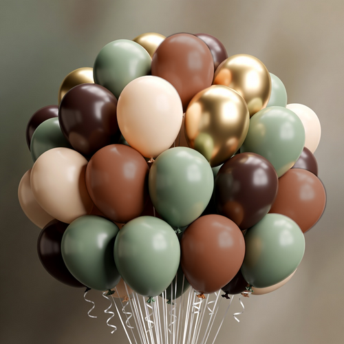 60 PCS Sage Green, Gold, Brown Latex Balloons - Woodland Camo Army Olive Green, Dark Brown, Coffee Nude Gold Party Balloons for Jungle Safari Woodland Hunting Birthday Decorations Vatoyum Balloons
