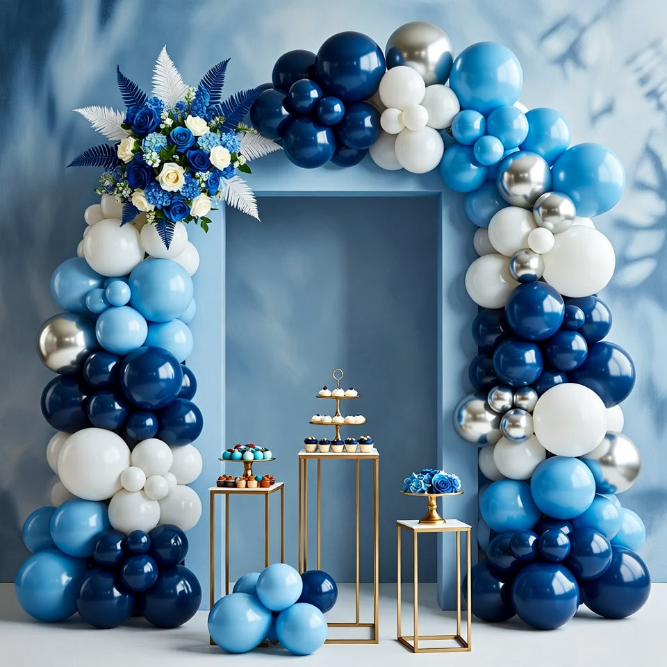 144-piece blue balloon arch wreath set, 18/12/10/5-inch blue, white, and silver party balloons, silver sequined latex balloons, suitable for birthday, wedding, and baby shower decorations. Vatoyum Balloons