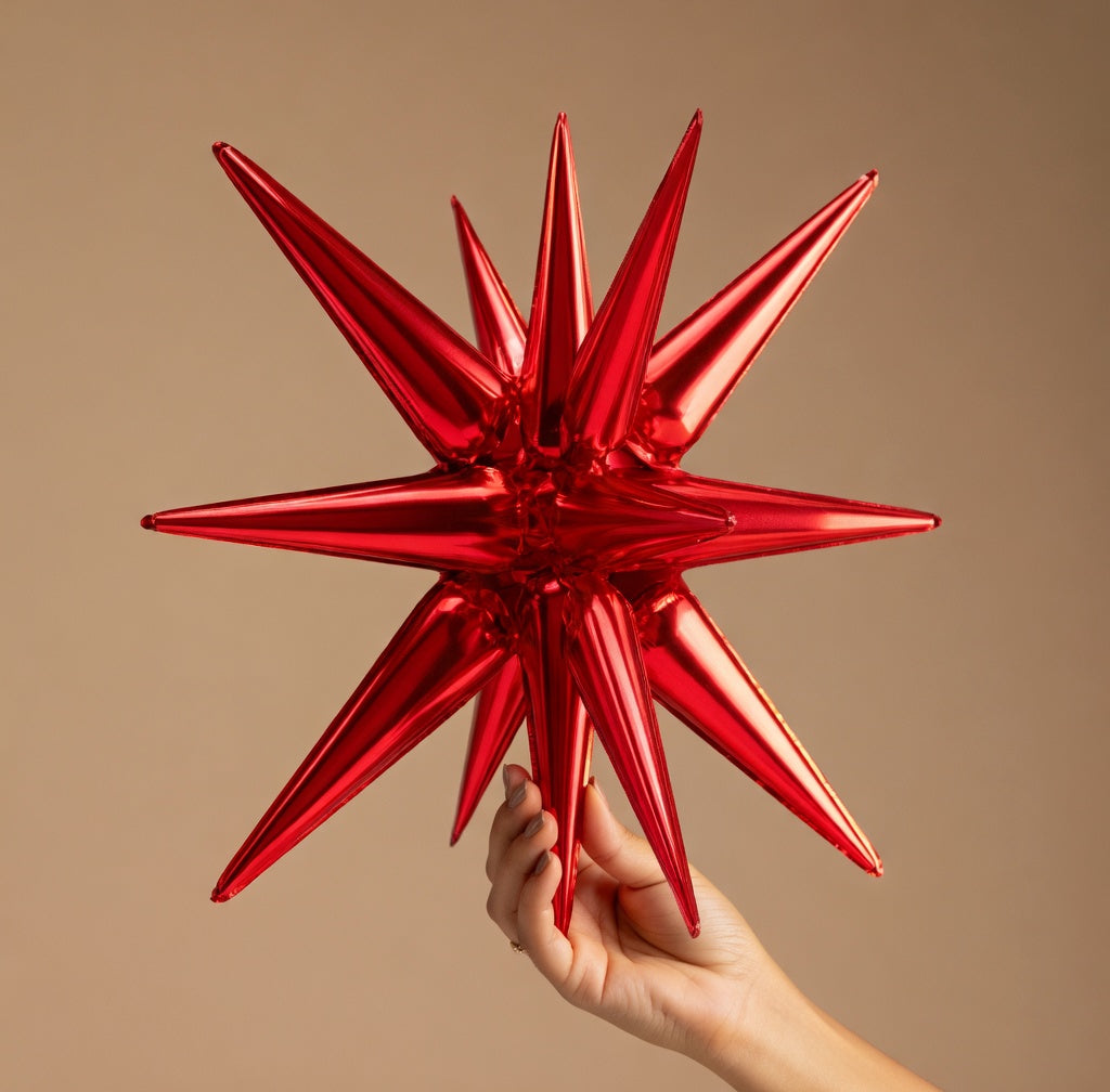 Six red star-shaped foil balloons. Various sizes available, 27-inch and 22-inch large explosive spiked foil balloons, suitable for graduation ceremonies, wedding anniversaries, birthdays, bachelor/bachelorette parties, and engagement party decorations. Vatoyum Balloons