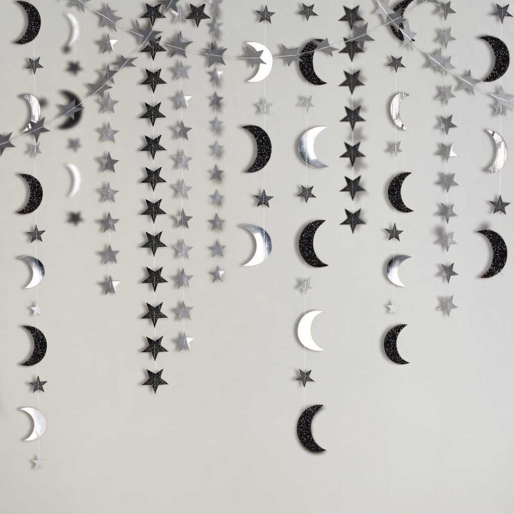 Black Silver Moon Garland Twilight Birthday Decoration Star Streamer Gothic Party Decor Garland Ramadan Eid Mubarak Glitter Banner Celestial Wedding Baby Shower Halloween Summerween Decor Vatoyum Balloons