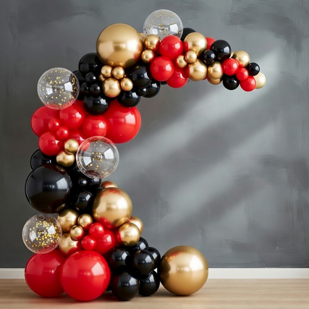 Red Black and Gold Balloon Arch Kit Garland 140pcs Different Sizes of 18 12 10 5 Inch Matte Black Red Metallic Gold Confetti Balloons for New Year's Eve Graduation Birthday Party Decorations Vatoyum Balloons