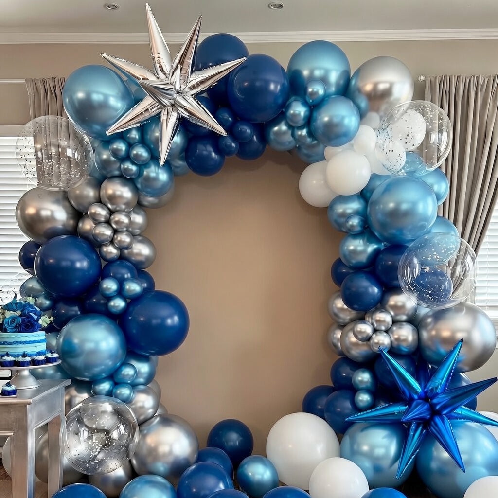 Blue, white, and silver balloon arch set, containing 140 navy blue, light metallic blue, and silver confetti balloons with star patterns. Suitable for birthday parties, weddings, baby showers, graduations, and party decorations. Vatoyum Balloons