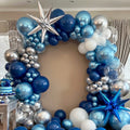 Blue, white, and silver balloon arch set, containing 140 navy blue, light metallic blue, and silver confetti balloons with star patterns. Suitable for birthday parties, weddings, baby showers, graduations, and party decorations. Vatoyum Balloons