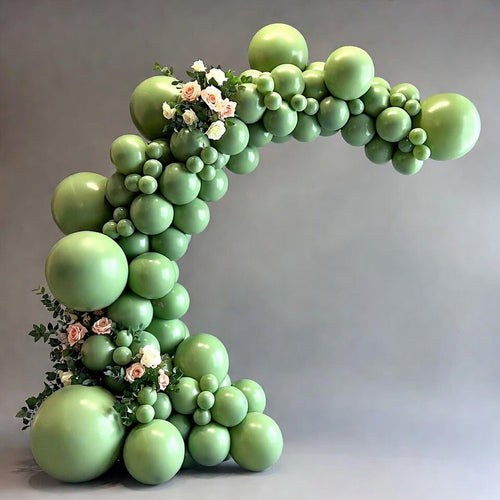 114 sage green balloons in different sizes, 18, 12, 10, and 5-inch matte olive green balloon arch set, suitable for forest-themed baby showers, jungle birthday parties, and wedding decorations. Vatoyum Balloons