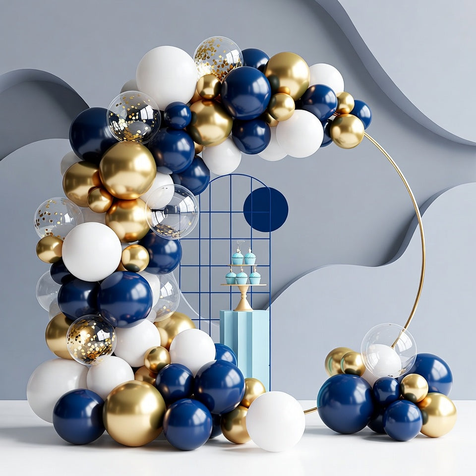 Navy Blue and Gold Balloon Wreath Set, containing 120 navy blue and gold sequined white balloons, perfect for creating DIY decorative arches for graduation ceremonies, birthday parties, baby showers, and more. Vatoyum Balloons