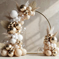 White Beach Gold Balloon Arch Decoration Set, containing 102 white, nude, and cream-colored balloons, paired with metallic chrome and gold sequined latex balloons. Suitable for weddings, baby showers, engagement ceremonies, and birthday decorations. Vatoyum Balloons