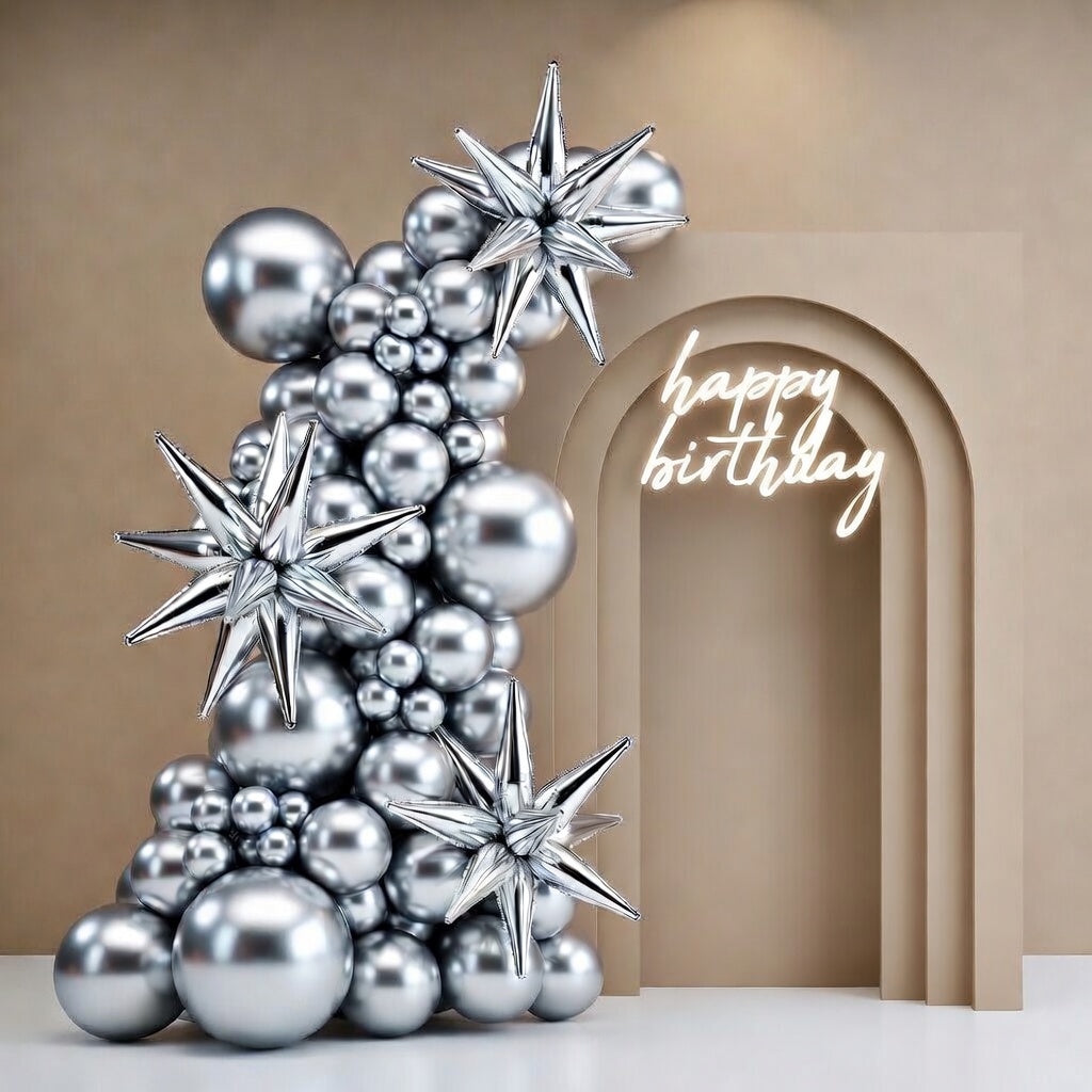 Metallic Silver Star Balloons 110pcs Different Sizes 18 12 10 5 Inch Pack 22 Inch Silver Spike Star Explosion Foil Mylar Balloon Arch Kit for Birthday Party Decorations Vatoyum Balloons