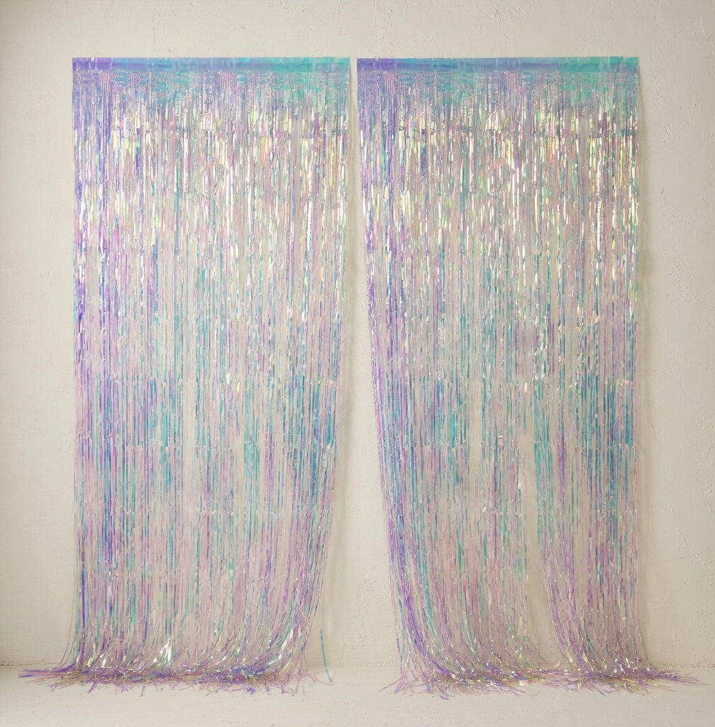 Iridescent Party Streamers Backdrop -  Neon Transparent Holographic Tinsel Foil Fringe Curtain for Mermaid/Frozen/Sea/Euphoria/ERAS Party Theme Decorations 3.2ft x 6.5ft 2 PCS Vatoyum Balloons