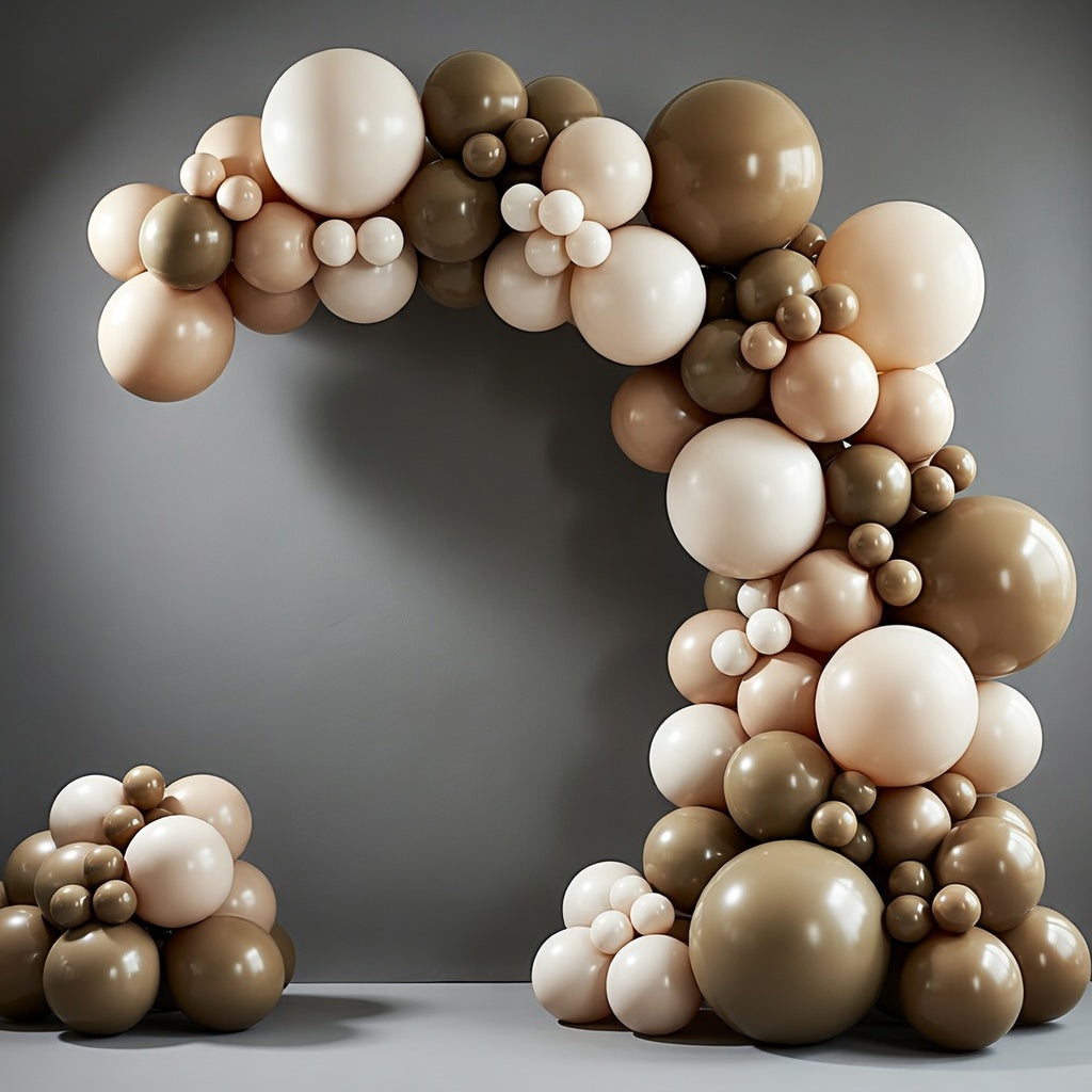 This 140-piece neutral-colored balloon arch set includes 5, 10, 12, and 18-inch balloons in brown, beige, nude, and light brown, suitable for birthday parties and neutral bear-themed baby shower decorations. Vatoyum Balloons