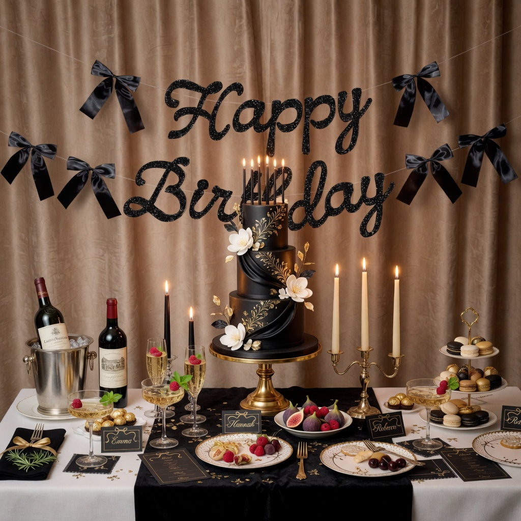 Happy Birthday Banner, Black Glitter + Satin Bows - 5.5 Ft. | Birthday Decorations, Coquette Bday Decor, 30th Party Sign, 21st Photo Booth Backdrop Vatoyum Balloons