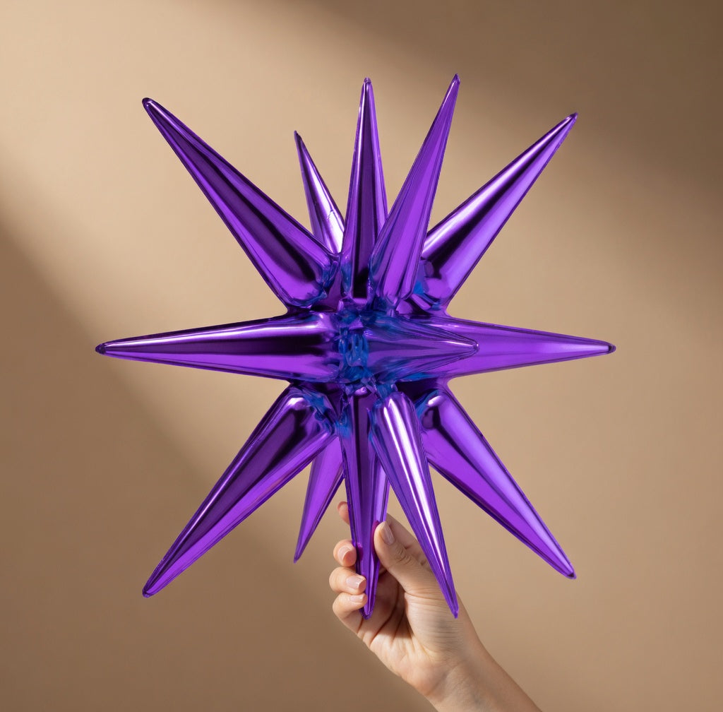 Purple Star Foil Balloons, 6-pack. Available in various sizes: 27 and 22 inches. Large lavender-colored bursting spiked foil balloons, perfect for birthday parties, anniversaries, engagements, and themed party decorations. Vatoyum Balloons