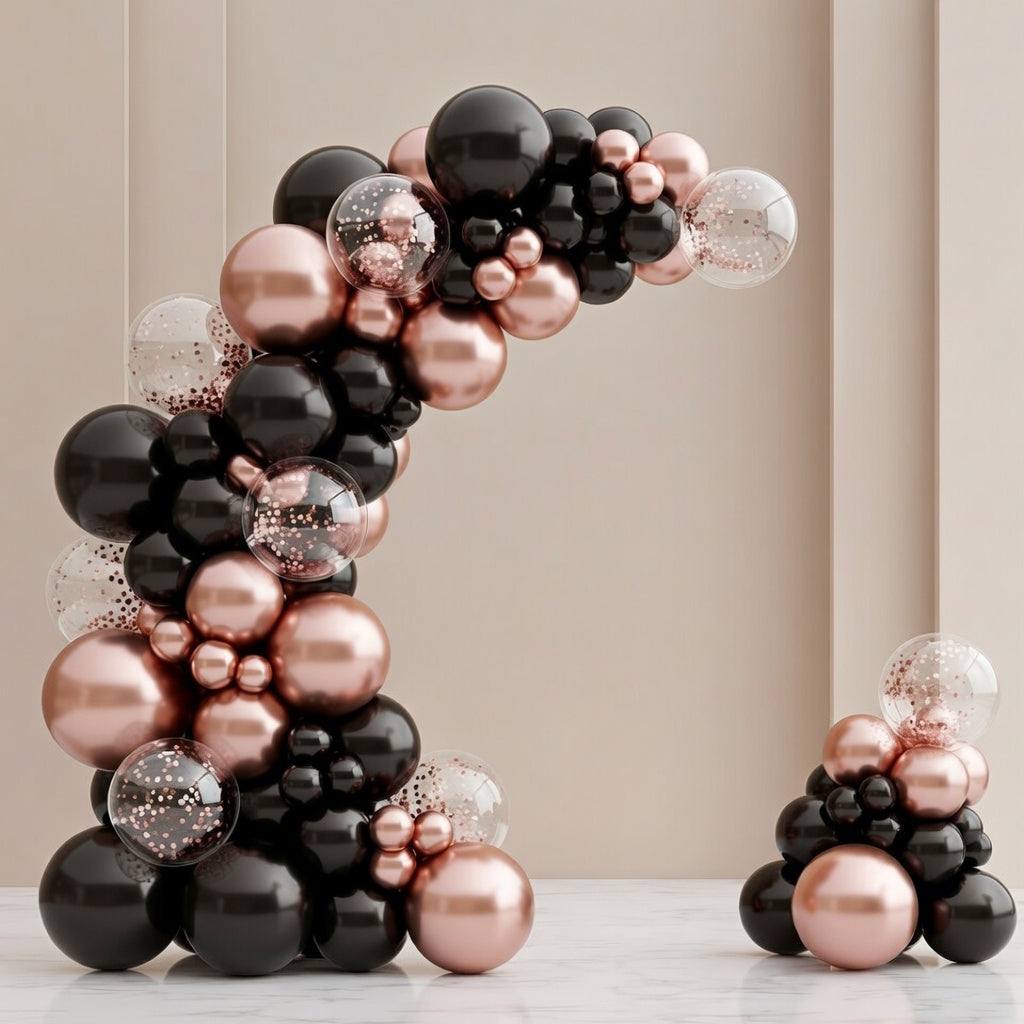 Rose gold and black balloon arch set, 100 metallic rose gold and black balloon arches with rose gold sequins, suitable for weddings, birthdays, graduations, baby shower decorations. Vatoyum Balloons