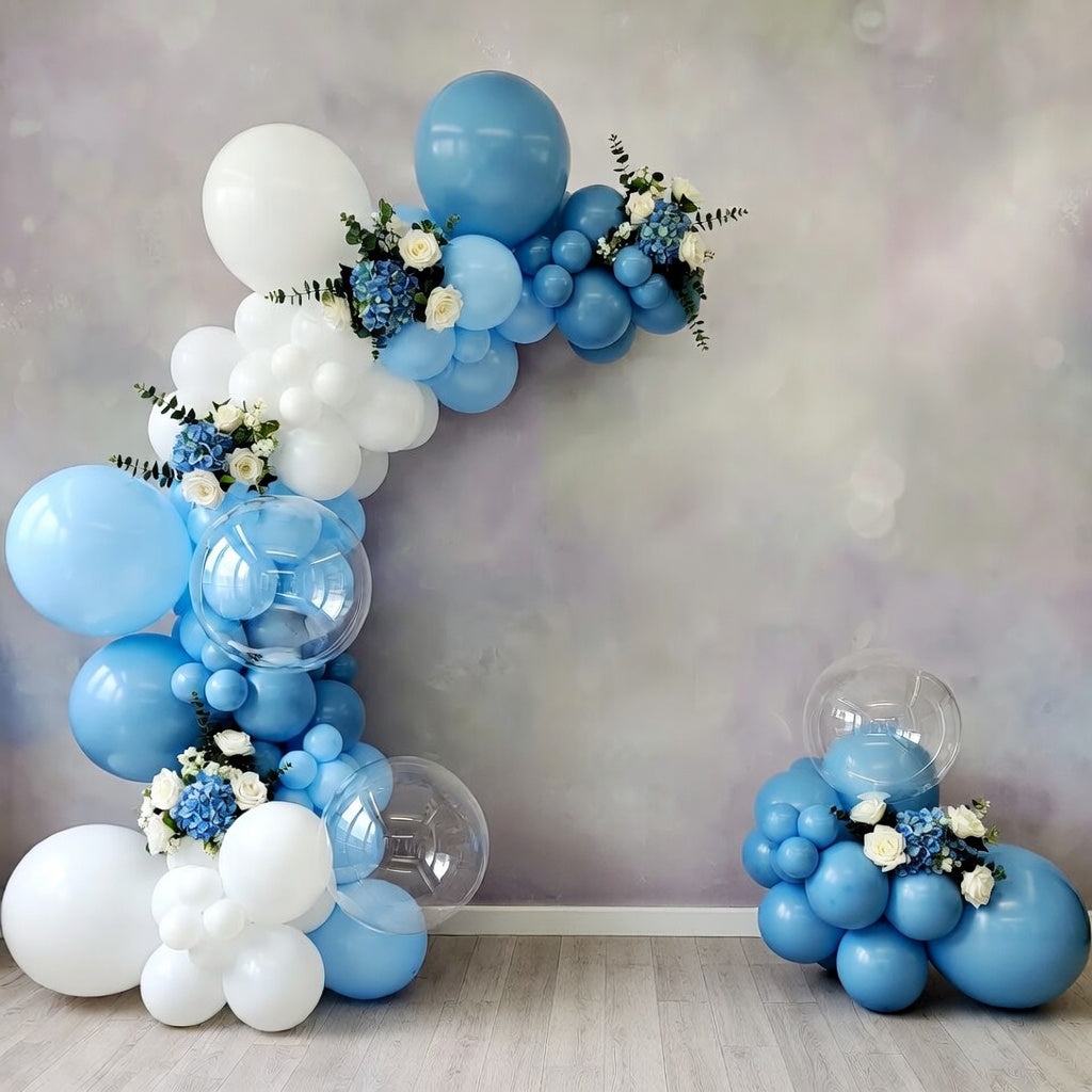 Light Blue Balloon Arch Set (126 Pieces): A light blue and white balloon arch and wreath set including macaron balloons, suitable for weddings, birthdays, baby showers, parties, and bridal decorations. Vatoyum Balloons