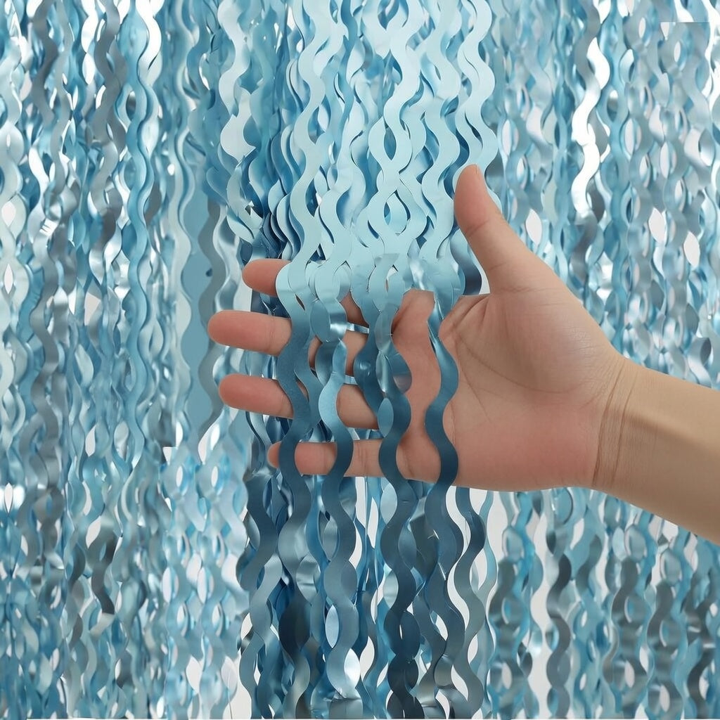 4 Pack Wavy Blue Foil Fringe Curtain 3.3x6.6 Feet | Blue Streamers Tinsel Backdrop for Under The Sea Party Decorations | Ocean Backdrop | Mermaid Birthday Decorations Vatoyum Balloons