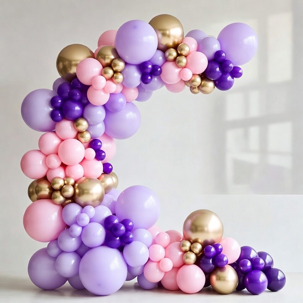 This grey-purple maca and purple-gold balloon arch decoration set contains 146 latex balloons of different sizes (18, 12, 10, and 5 inches) and is suitable for party decorations, birthdays, weddings, engagements, and anniversaries. Vatoyum Balloons