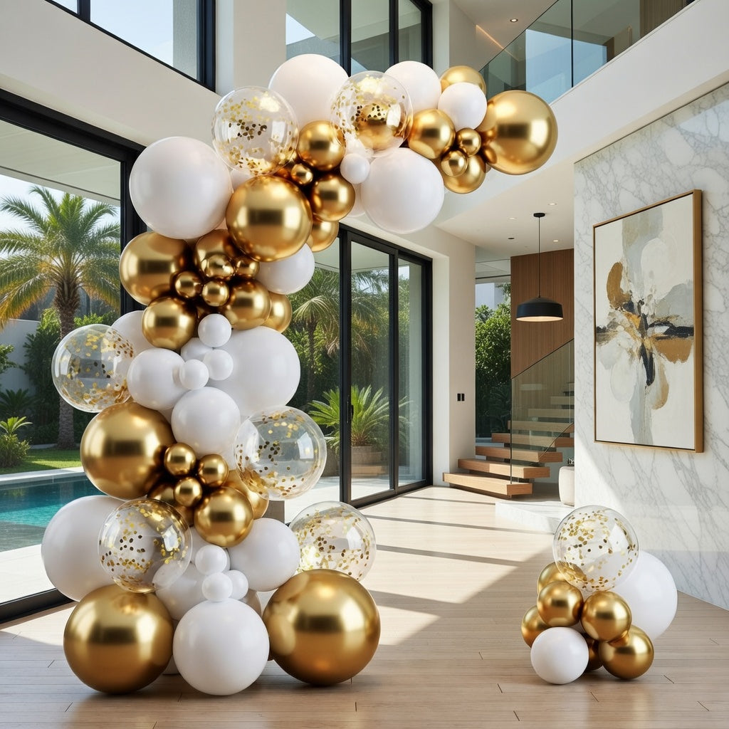 White Gold Balloons Arch Garland Kit, 100Pcs White Gold Metallic Chrome and Gold Confetti Balloons Arch for Wedding, Birthday, Engagement, Bridal Shower Special Events Party Decoration Vatoyum Balloons