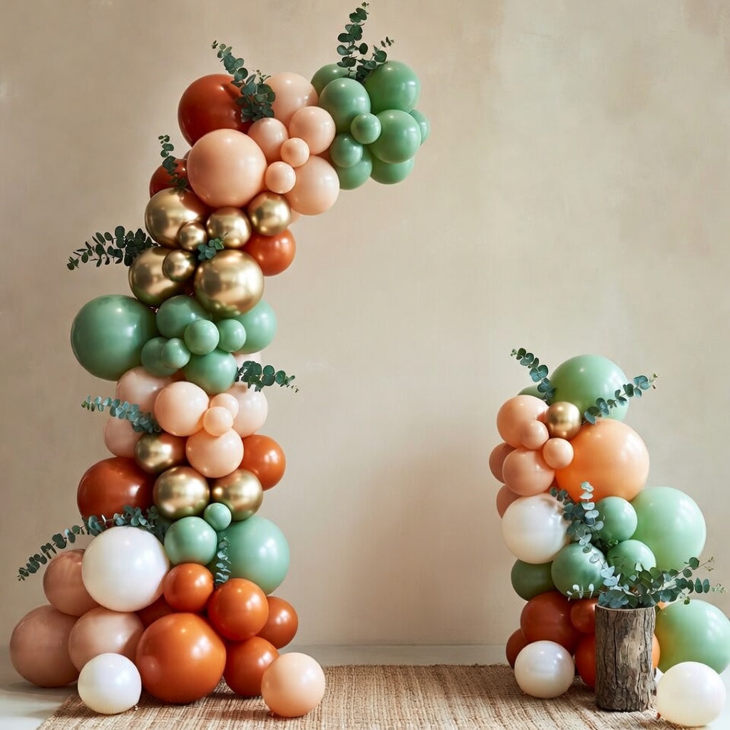 Orange and green balloon arch set, 124 sage green, orange, nude, gold, and white balloons, suitable for birthday parties, bridal showers, weddings, gender reveal parties, and cute baby party decorations. Vatoyum Balloons