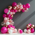 Rose, pink, and champagne-colored balloon arch wreath set, containing 146 bright pink, sequined, rose gold, soft pink, and white balloons. Suitable for graduation ceremonies, birthday parties, baby showers, and wedding decorations. Vatoyum Balloons