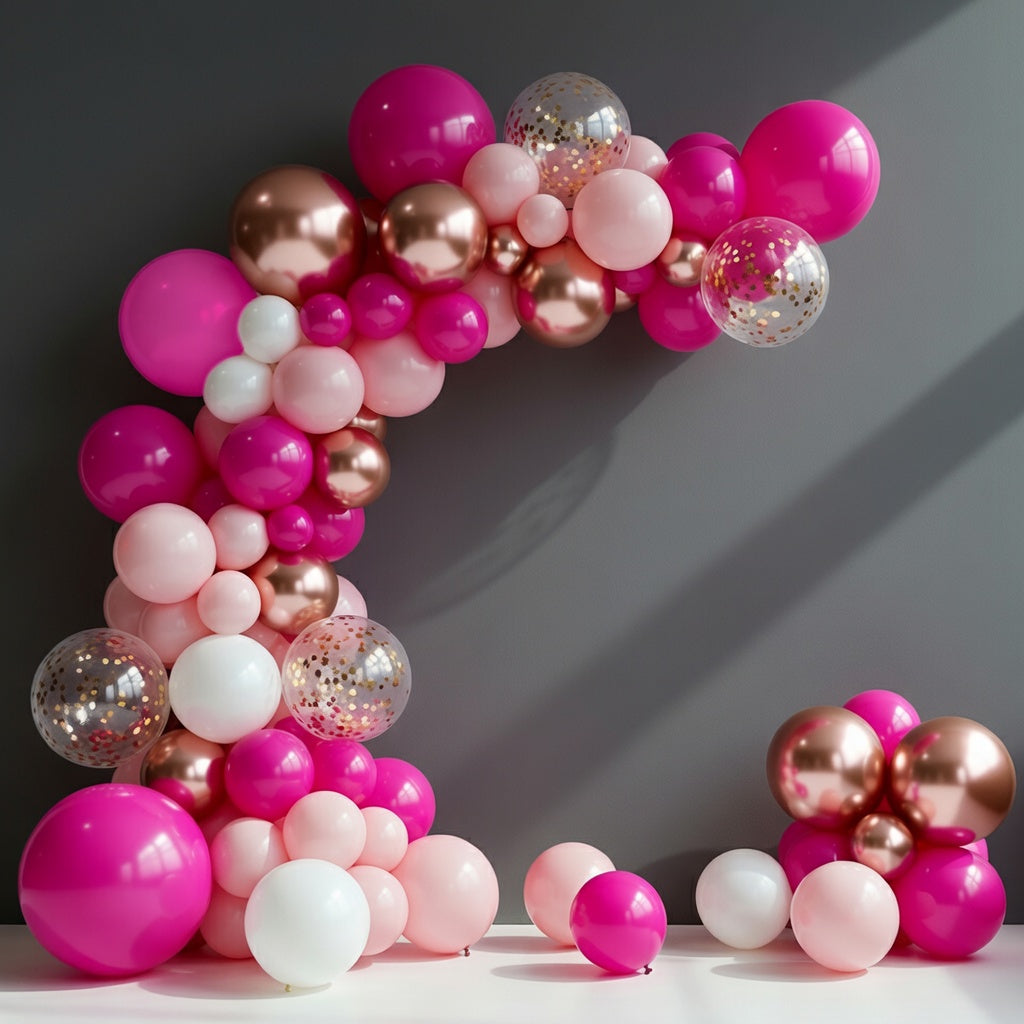Rose, pink, and champagne-colored balloon arch wreath set, containing 146 bright pink, sequined, rose gold, soft pink, and white balloons. Suitable for graduation ceremonies, birthday parties, baby showers, and wedding decorations. Vatoyum Balloons