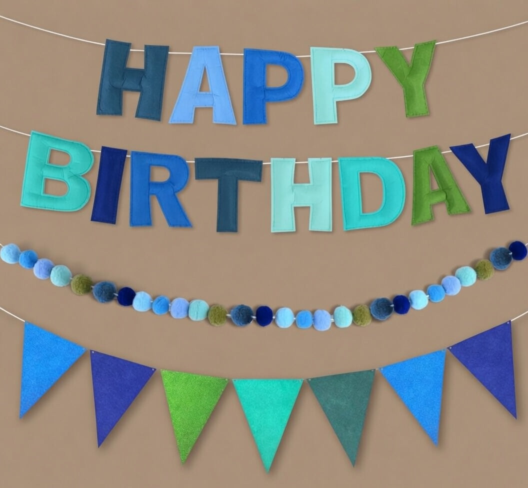 Pre-Strung 3D Rainbow Happy Birthday Banner, 3 PCS Happy Birthday Felt Sign, Pom Pom Garland, Triangle Fabric Bunting, Colorful Reusable Birthday Decorations for Women Men Girls Boys, Blue Vatoyum Balloons