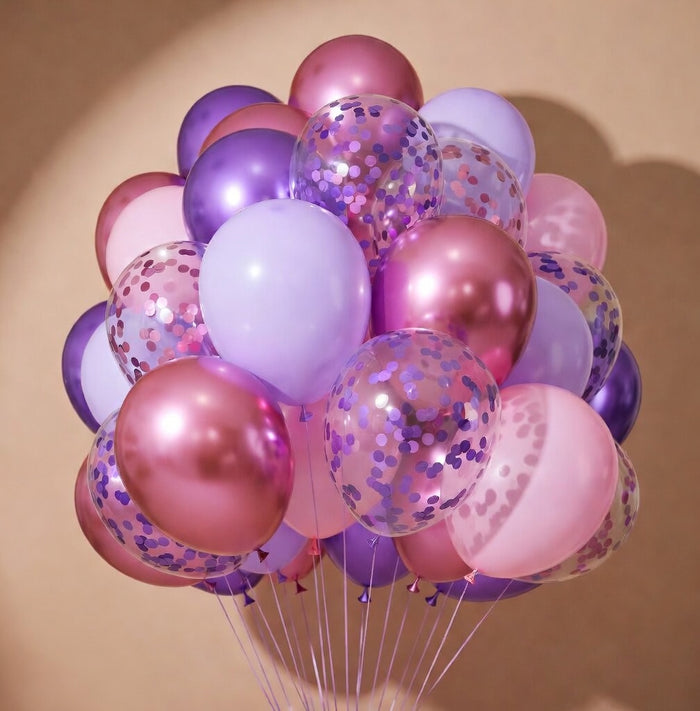 68 pink and purple balloons, 12-inch metallic purple and pink latex balloons, confetti balloons with ribbons, perfect for weddings, girls' birthdays, baby shower decorations. Vatoyum Balloons