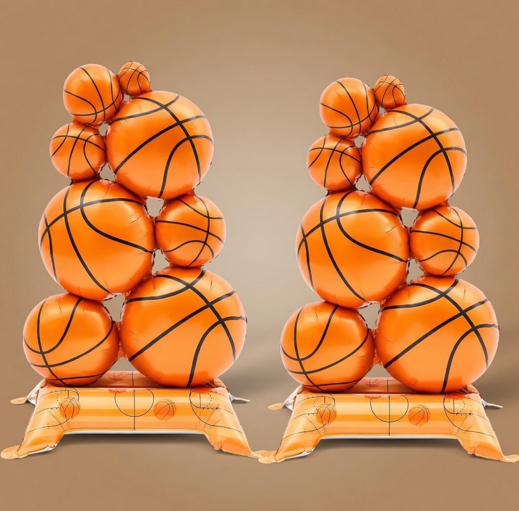 2 Pack Giant Self Standing Basketball Foil Balloons 3.5 ft with Field Base for Birthday Themed Party Decoration Sports Supplies Decor (Basketball Pile) Vatoyum Balloons