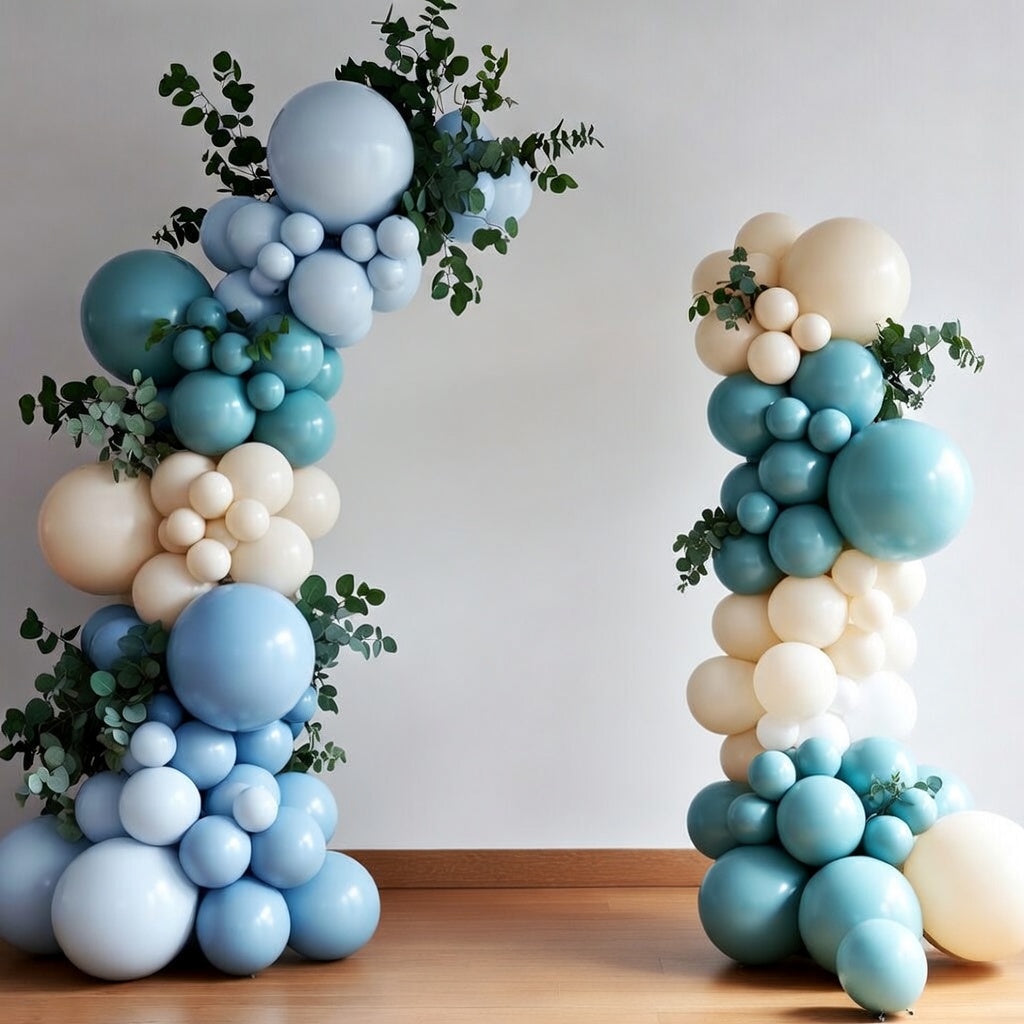 Light blue balloon arch set, a 124-piece blue and white balloon arch wreath set, including macaron blue, light blue, and sand white balloons, suitable for baby showers, bridal parties, and birthday party decorations. Vatoyum Balloons