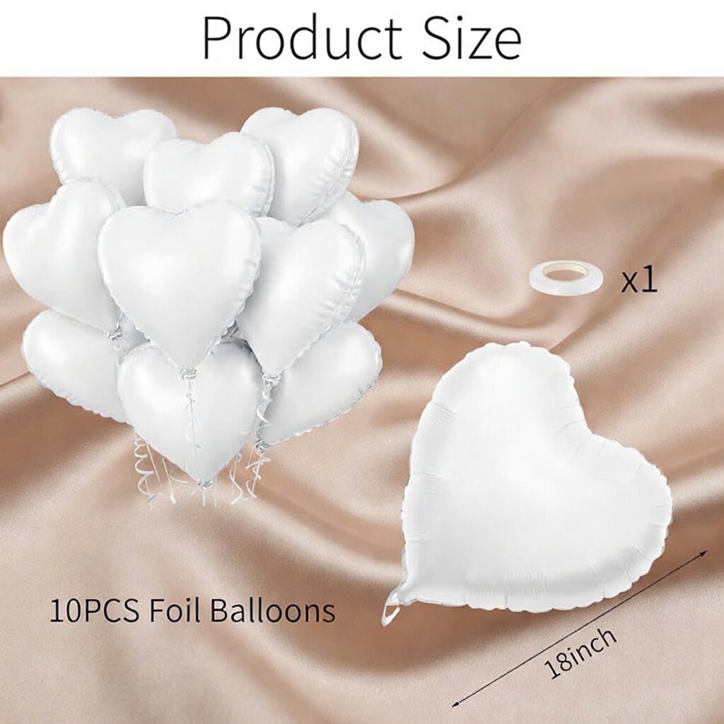 White Heart Balloons Helium, 10PCS White Foil Heart Shape Balloons Valentines 18inch Metallic White Foil Balloon for Helium Valentine Decorations for White Wedding, Brithday Party, Anniversary Vatoyum Balloons