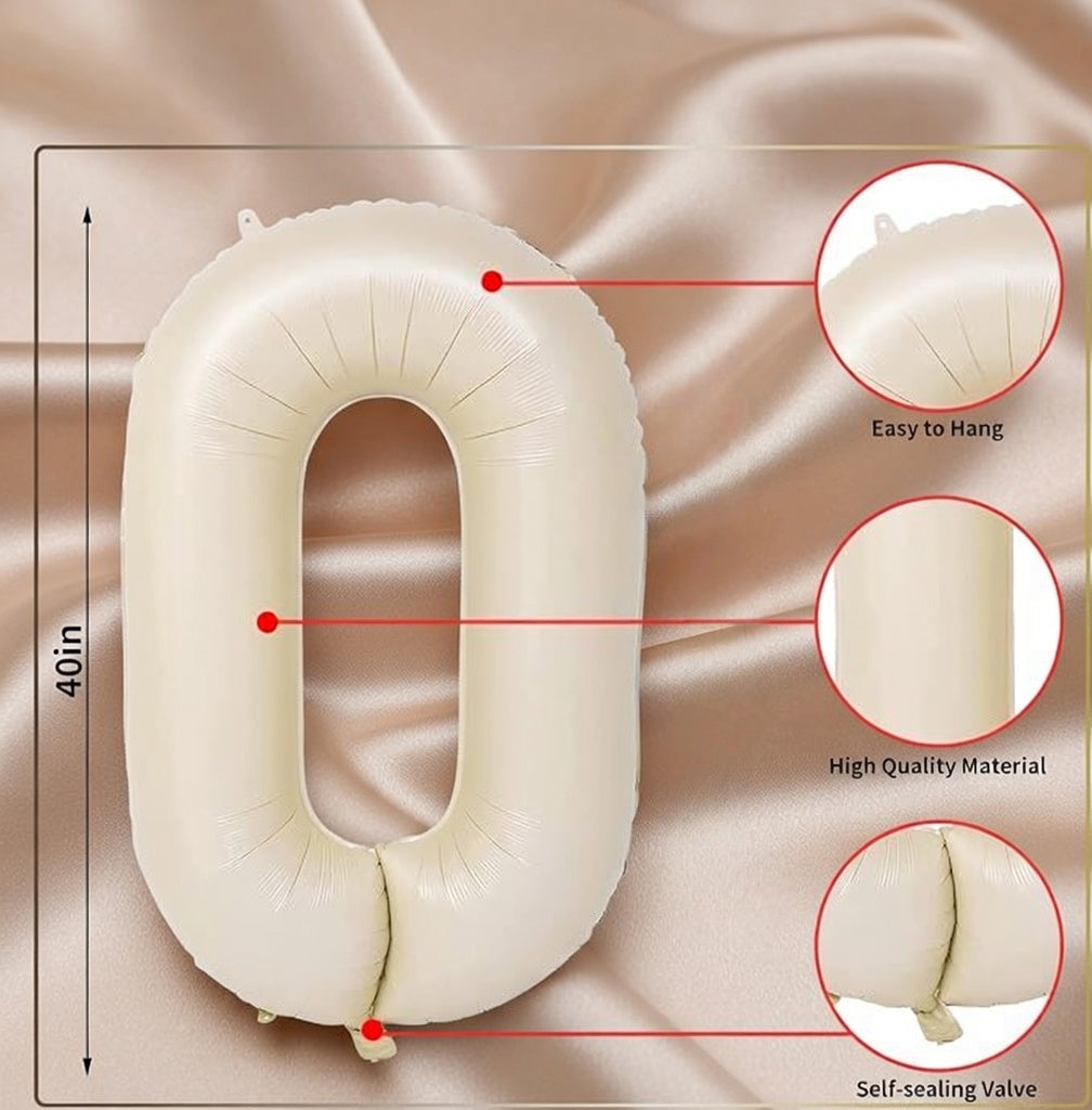 Cream Number 0 Balloon 40 Inch, 0 Balloon Number for 10th 20th 30th 40th 50th 60th Birthday Decorations, Cream Party Supplies Vatoyum Balloons