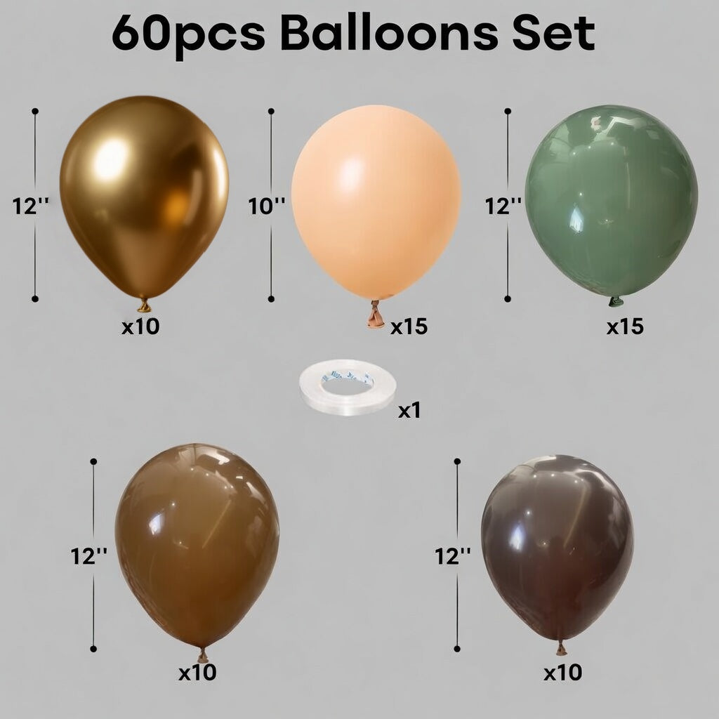 60 PCS Sage Green, Gold, Brown Latex Balloons - Woodland Camo Army Olive Green, Dark Brown, Coffee Nude Gold Party Balloons for Jungle Safari Woodland Hunting Birthday Decorations Vatoyum Balloons