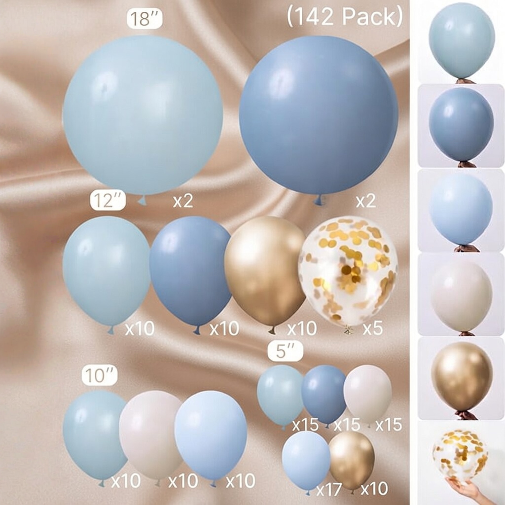 Dusty Blue Balloon Arch Kit Garland 142pcs Different Sizes of 18 12 10 5 Inch Light Baby Blue White Sand Gold Confetti Boho Balloons for Baby Shower Gender Reveal Birthday Party Decorations Vatoyum Balloons