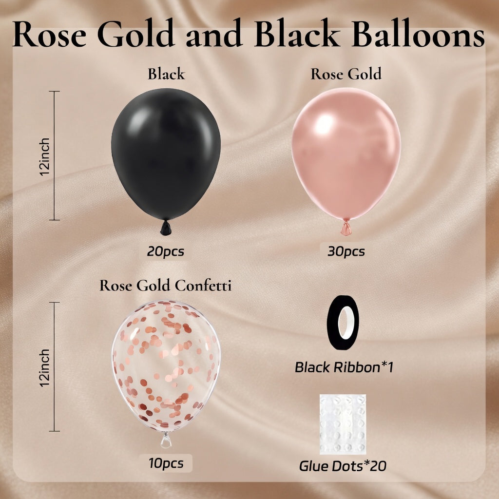 60pcs Rose Gold and Black Balloons 12inch with Rose Gold Confetti Balloons for Wedding Graduation Baby Shower Birthday Party Decoration Vatoyum Balloons
