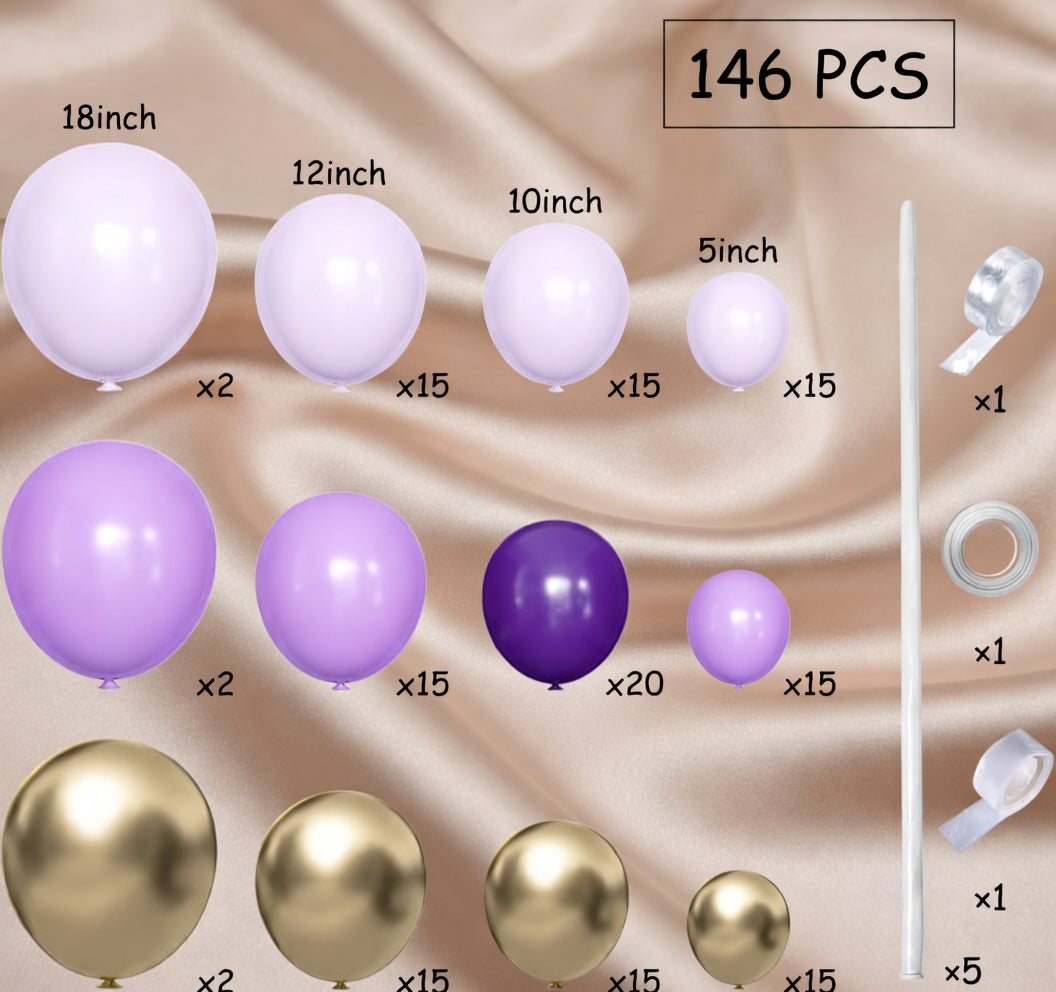 This grey-purple maca and purple-gold balloon arch decoration set contains 146 latex balloons of different sizes (18, 12, 10, and 5 inches) and is suitable for party decorations, birthdays, weddings, engagements, and anniversaries. Vatoyum Balloons