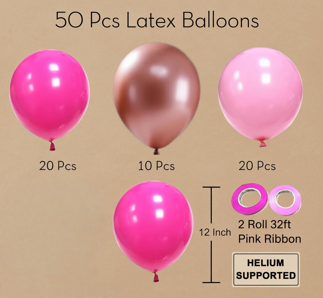 Pink balloons, metallic gold balloons, 50 12-inch bright pink, champagne gold, light pink, and latex balloons, suitable for birthday parties, baby showers, and princess-themed party decorations. Vatoyum Balloons