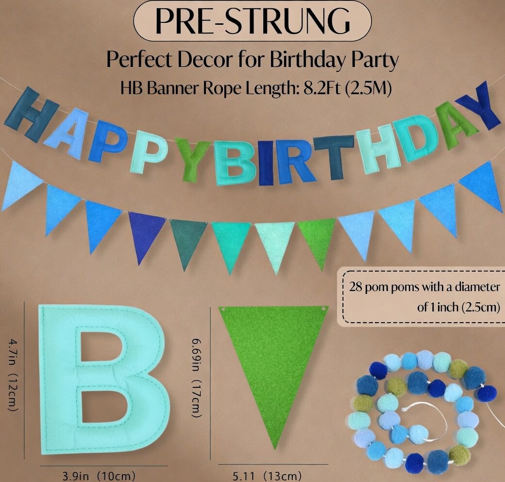 Pre-Strung 3D Rainbow Happy Birthday Banner, 3 PCS Happy Birthday Felt Sign, Pom Pom Garland, Triangle Fabric Bunting, Colorful Reusable Birthday Decorations for Women Men Girls Boys, Blue Vatoyum Balloons