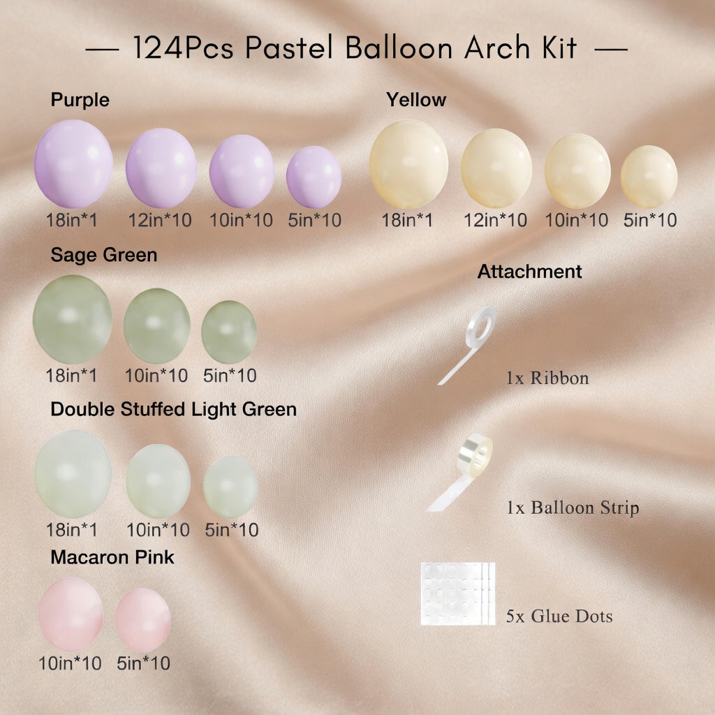 Dusty Green Purple Pastel Pink Balloon Arch Garland Kit 124Pcs Double Stuffed Light Green Sage Green Purple Yellow Macaron Pink Balloons for Wildflower Baby Shower Wedding Birthday Party Decorations Vatoyum Balloons