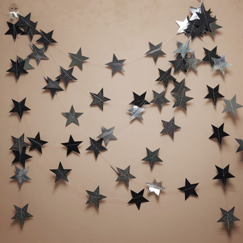 Black Silver Moon Garland Twilight Birthday Decoration Star Streamer Gothic Party Decor Garland Ramadan Eid Mubarak Glitter Banner Celestial Wedding Baby Shower Halloween Summerween Decor Vatoyum Balloons