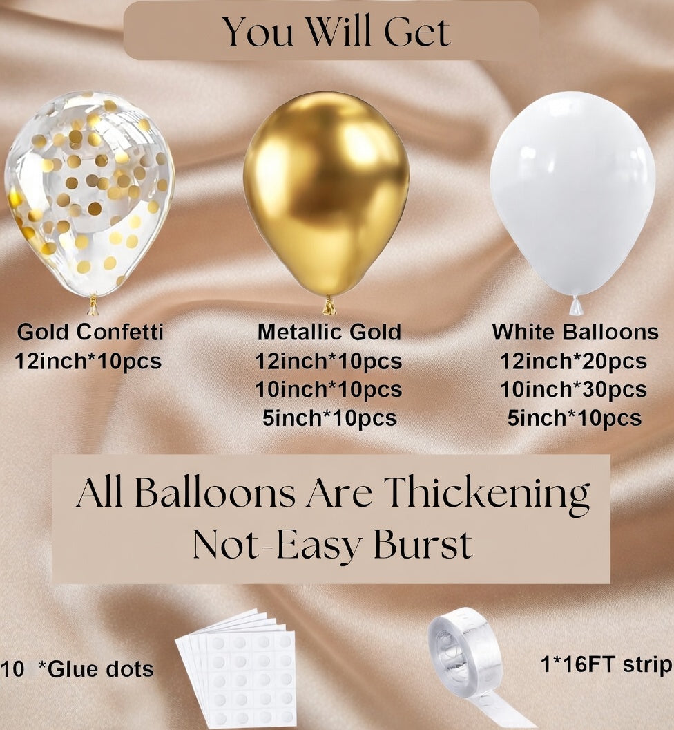 White Gold Balloons Arch Garland Kit, 100Pcs White Gold Metallic Chrome and Gold Confetti Balloons Arch for Wedding, Birthday, Engagement, Bridal Shower Special Events Party Decoration Vatoyum Balloons