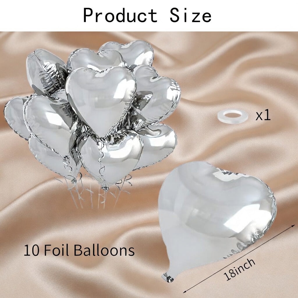 Silver Heart Balloons, 10PCS Valentines Balloons 18inch Love Foil Balloons for Helium Birthday Decorations for Valentines Day, Wedding, Birthday, Baby Shower Vatoyum Balloons