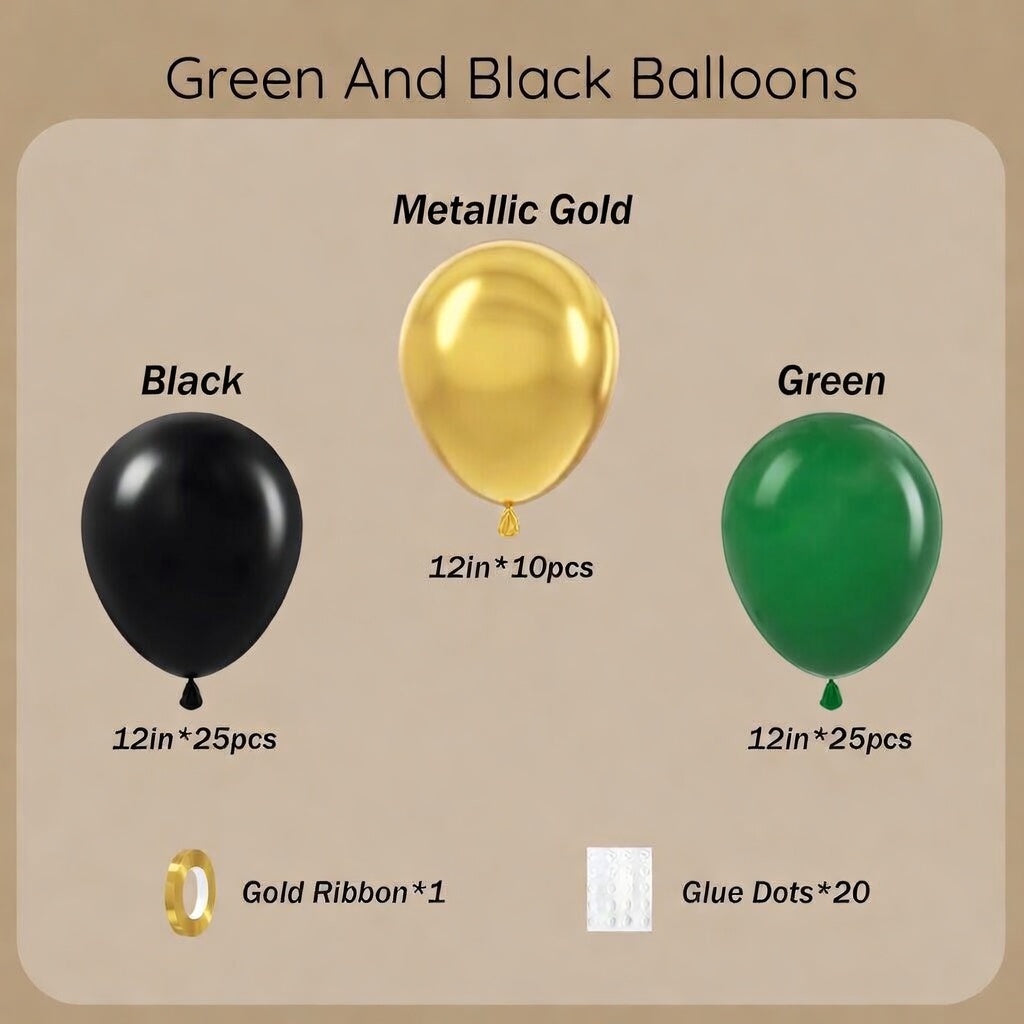 60pcs Green and Black balloons 12inch with Dark Green Metallic Gold Balloons for Jungle Safari Birthday Party Decorations Vatoyum Balloons