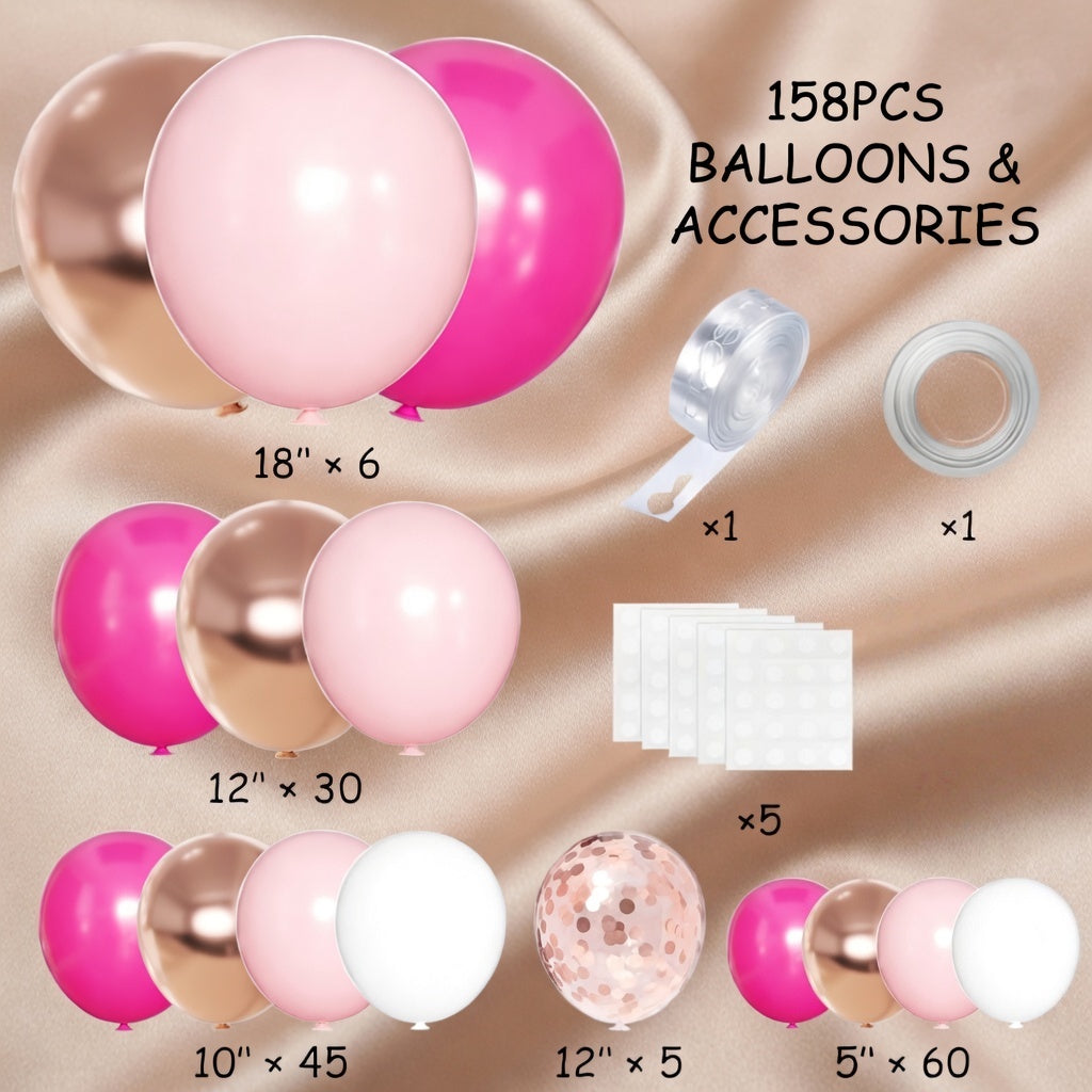 Rose, pink, and champagne-colored balloon arch wreath set, containing 146 bright pink, sequined, rose gold, soft pink, and white balloons. Suitable for graduation ceremonies, birthday parties, baby showers, and wedding decorations. Vatoyum Balloons