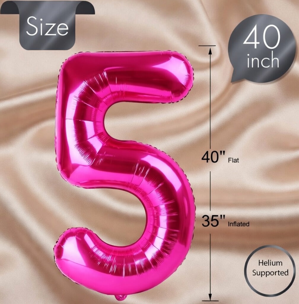 Bright pink #5 balloons, 40-inch number balloons, 5th birthday balloon decorations, bright pink party supplies, #5 number balloons, number 5 balloons Vatoyum Balloons