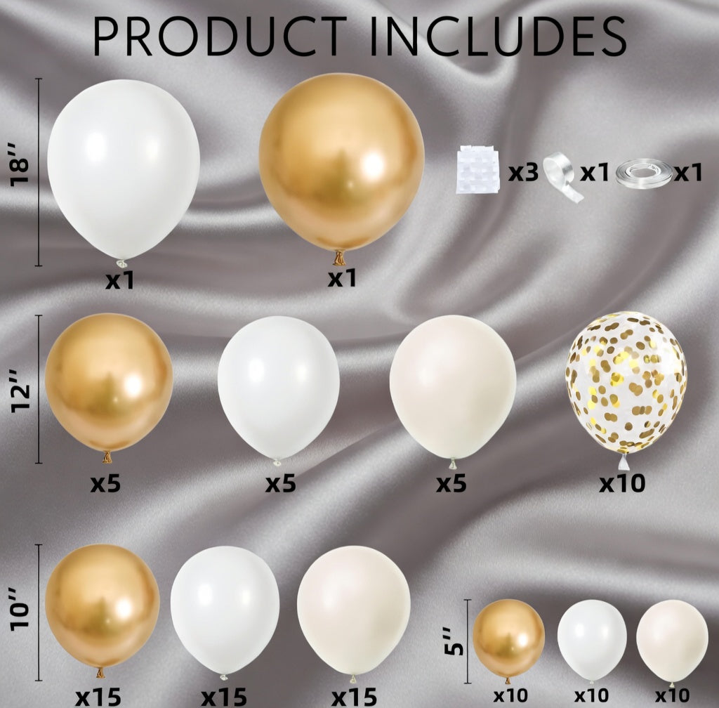 White Beach Gold Balloon Arch Decoration Set, containing 102 white, nude, and cream-colored balloons, paired with metallic chrome and gold sequined latex balloons. Suitable for weddings, baby showers, engagement ceremonies, and birthday decorations. Vatoyum Balloons