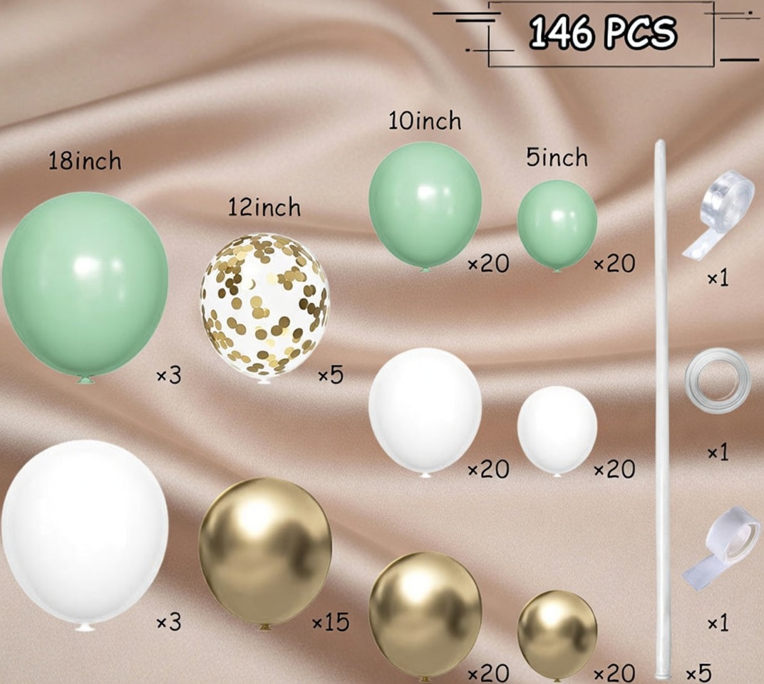 Sage Green White Gold Balloon Garland Arch Kit, 146Pcs Latex Balloons Different Sizes 18 12 10 5 Inch for Birthday Baby Shower Gender Reveal Wedding Party Decoration Vatoyum Balloons