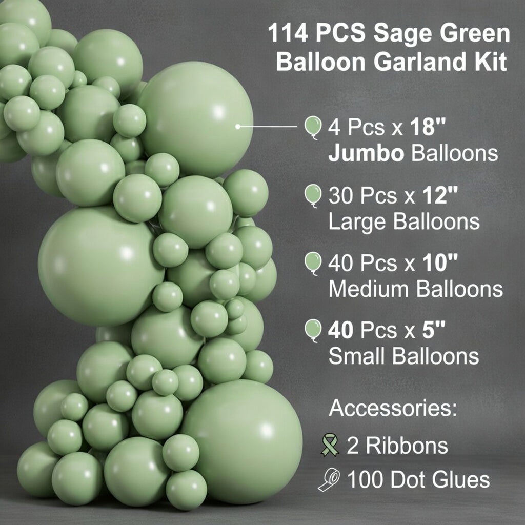 114 sage green balloons in different sizes, 18, 12, 10, and 5-inch matte olive green balloon arch set, suitable for forest-themed baby showers, jungle birthday parties, and wedding decorations. Vatoyum Balloons