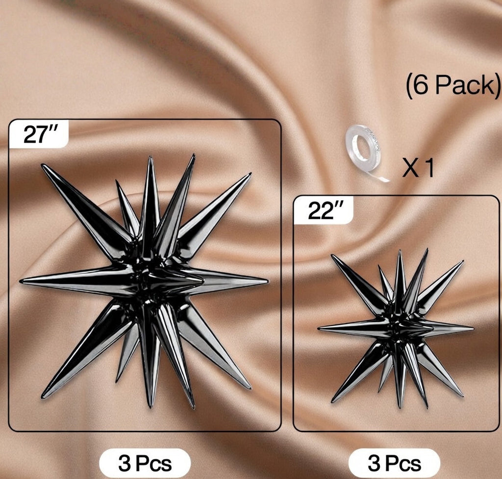 Six black star-shaped foil balloons. Various sizes available: 27-inch and 22-inch large black explosive spiked foil balloons, suitable for graduation ceremonies, birthdays, retirement anniversaries, and space-themed party decorations. Vatoyum Balloons