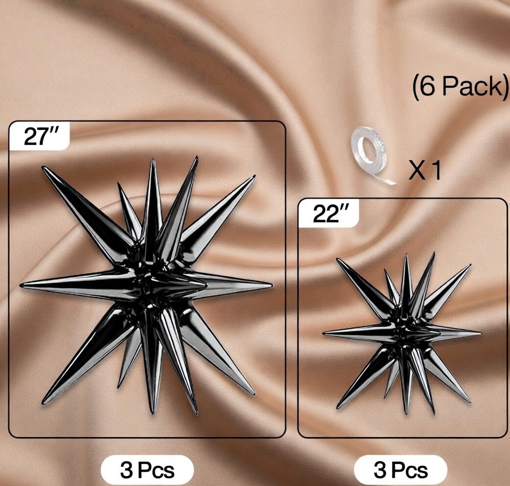 Six black star-shaped foil balloons. Various sizes available: 27-inch and 22-inch large black explosive spiked foil balloons, suitable for graduation ceremonies, birthdays, retirement anniversaries, and space-themed party decorations. Vatoyum Balloons