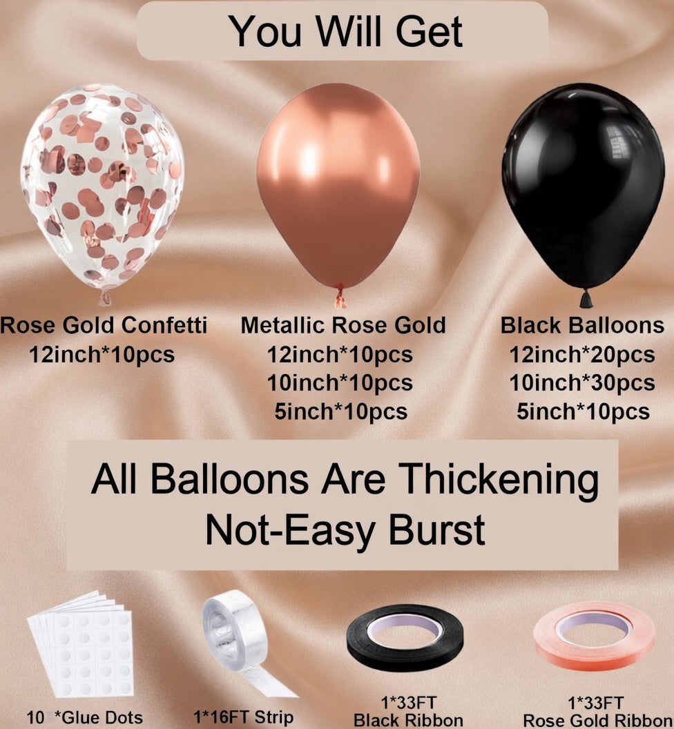 Rose gold and black balloon arch set, 100 metallic rose gold and black balloon arches with rose gold sequins, suitable for weddings, birthdays, graduations, baby shower decorations. Vatoyum Balloons